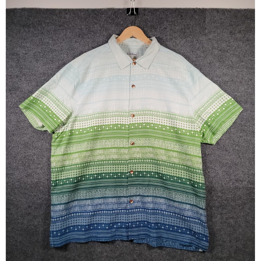 Tommy Bahama 100% Silk Button Up Shirt Mens XXL Tribal Pattern Blue Green Casual